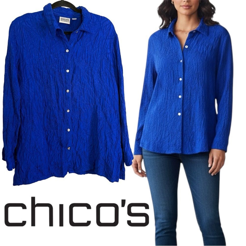 Chico's Vintage Blue Crinkle Fabric Textured Button Down Shirt Size XL